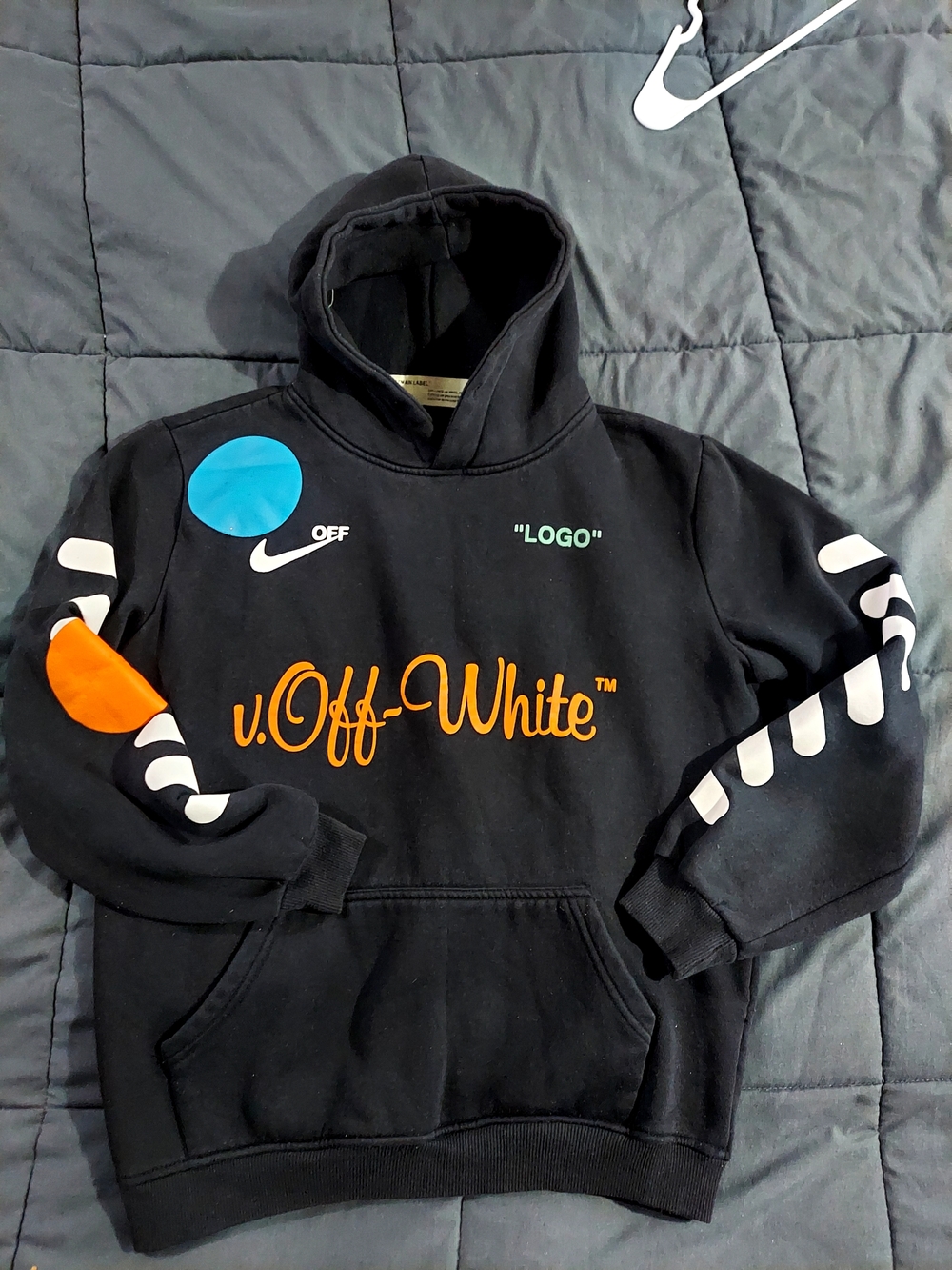 Off-White Black Hoodie with Orange & Blue Accents
